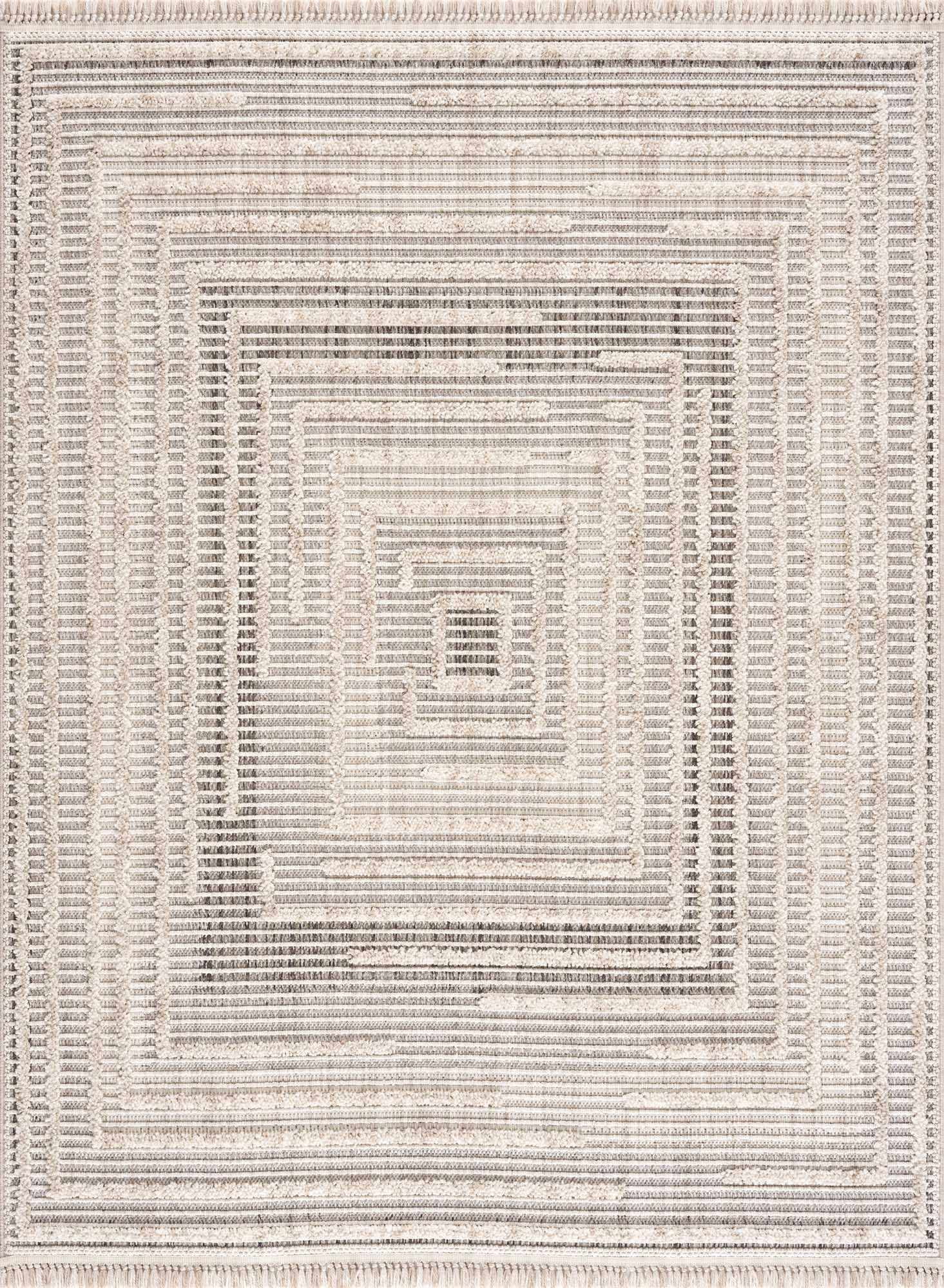 Hauteloom Lyre Living Room, Bedroom Area Rug - Geometric Border Square Striped Distressed - Contemporary Modern Minimalist Transitional Farmhouse - Charcoal, Cream, Beige, Tan, Gray - 8'10" x 12'