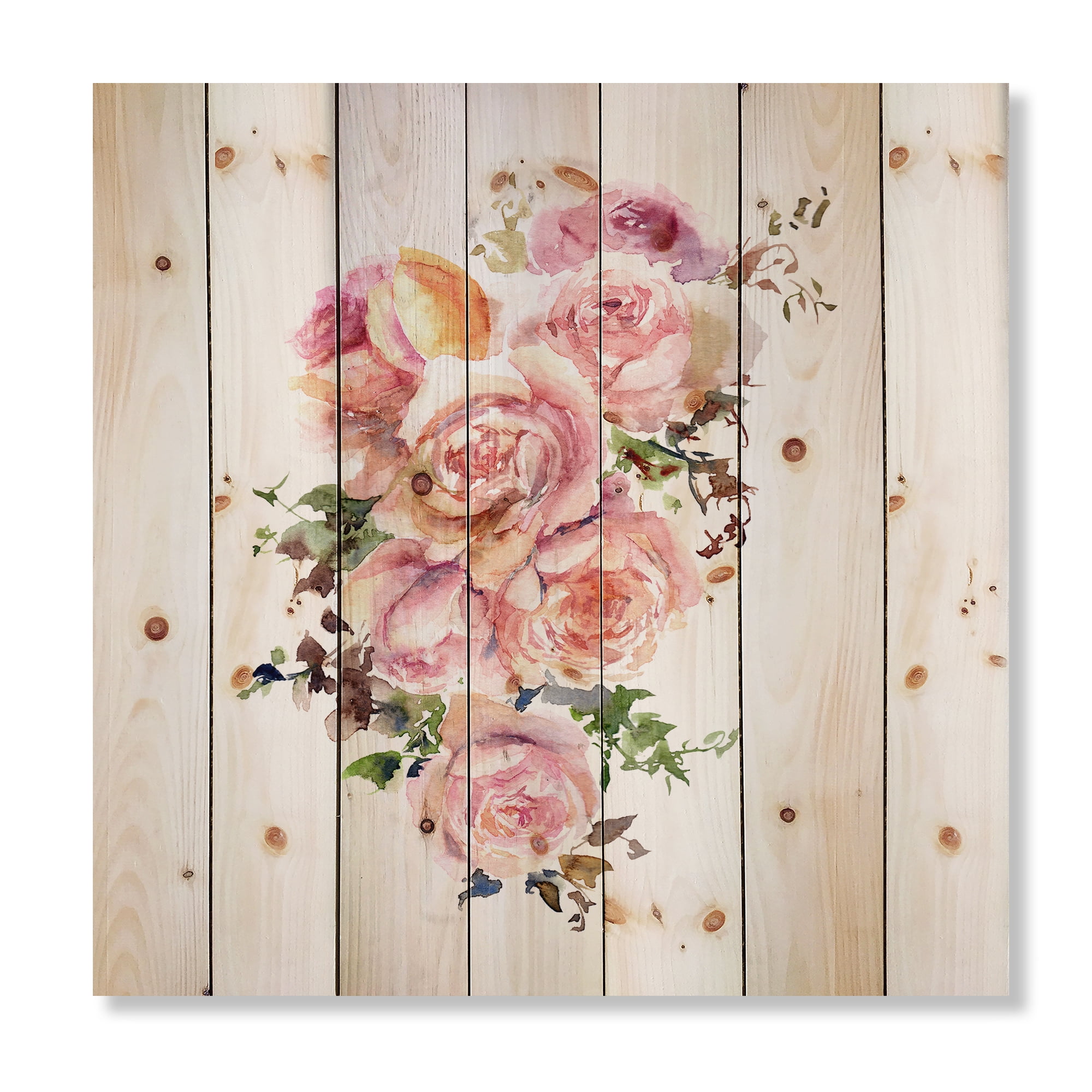 Designart 'Bouquet Of Pink Roses Flowers' Traditional Print on Natural Pine Wood