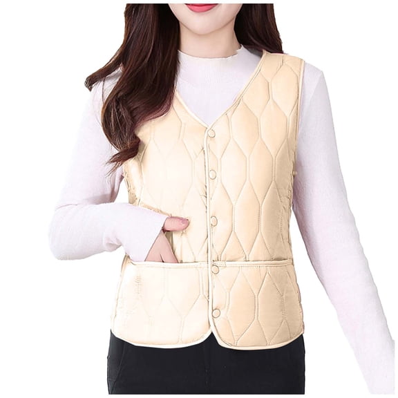 uublik Women's Warm Vest Button Up Casual Thermal Jackets Lightweight Trendy Outerwear Coat with Pockets, Khaki