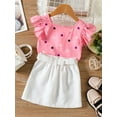 thumbnail image 3 of hirigin Toddler Kids Girls 2 Pieces Outfits, Dot Print Fly Short Sleeve Square Neck Tops + Solid Color Buttons Mini Skirts with Belt Set, 3 of 8