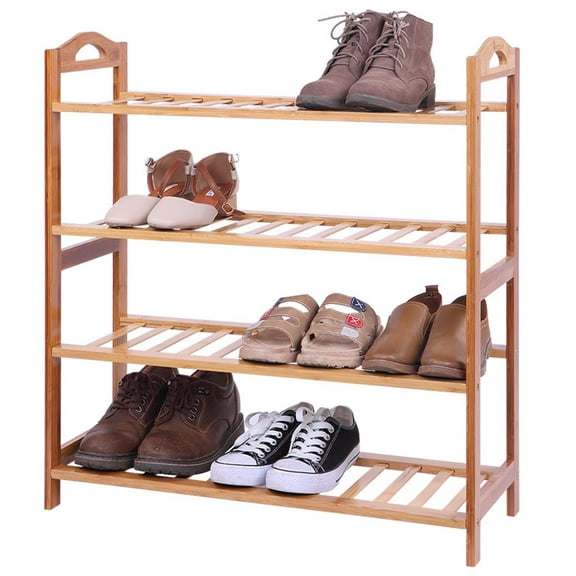 UBesGoo Durable 4 Tiers Storage Rack Shelving, Free Standing Shoe Shelf Storage Organizer, 12-16 Pairs, Wood Color