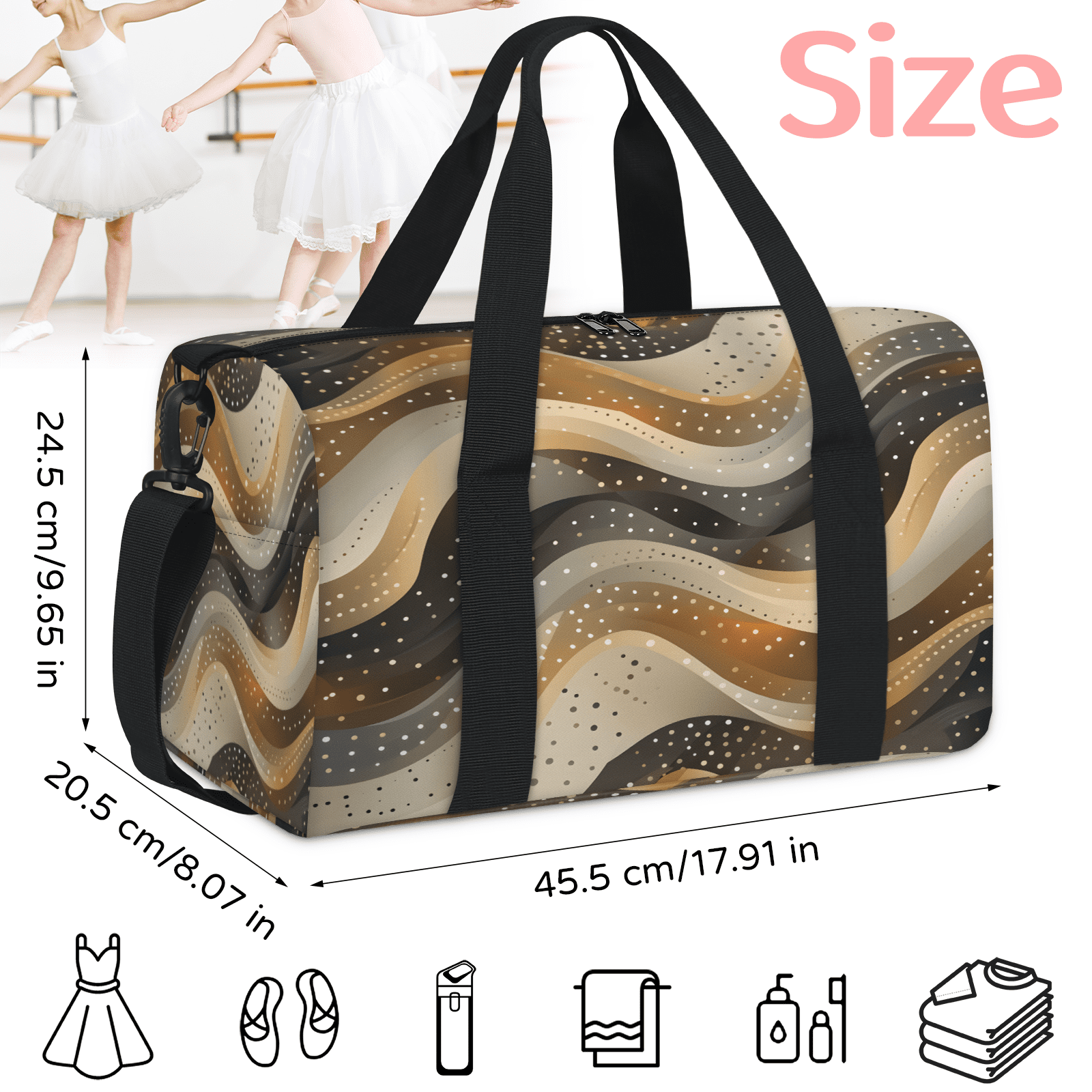 Herdesigns Gold Travel Duffle Bag Sports Yoga Weekender Overnight Carry on Workout Bags Lightweight Waterproof Gym Tote Bag for Women Geometric Textured