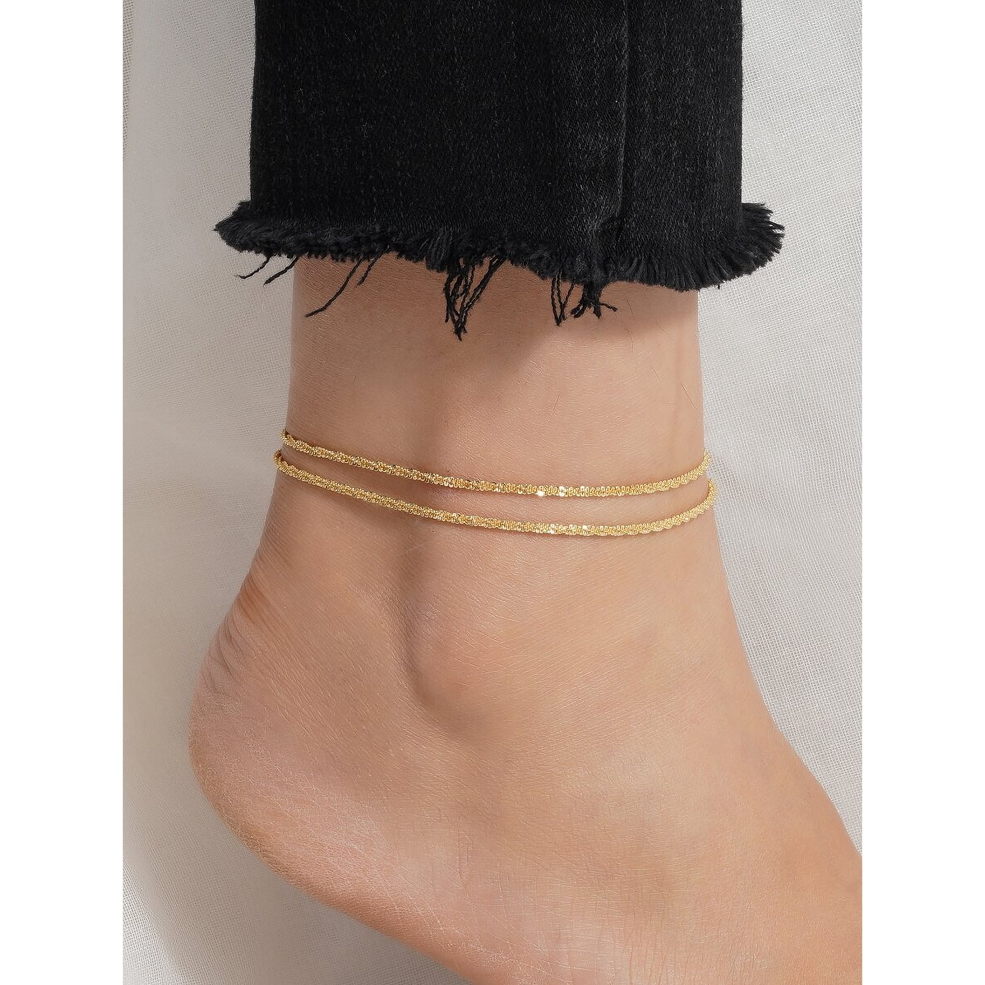 Double Layer Shimmering Yellow Gold Anklet With Textured Chain