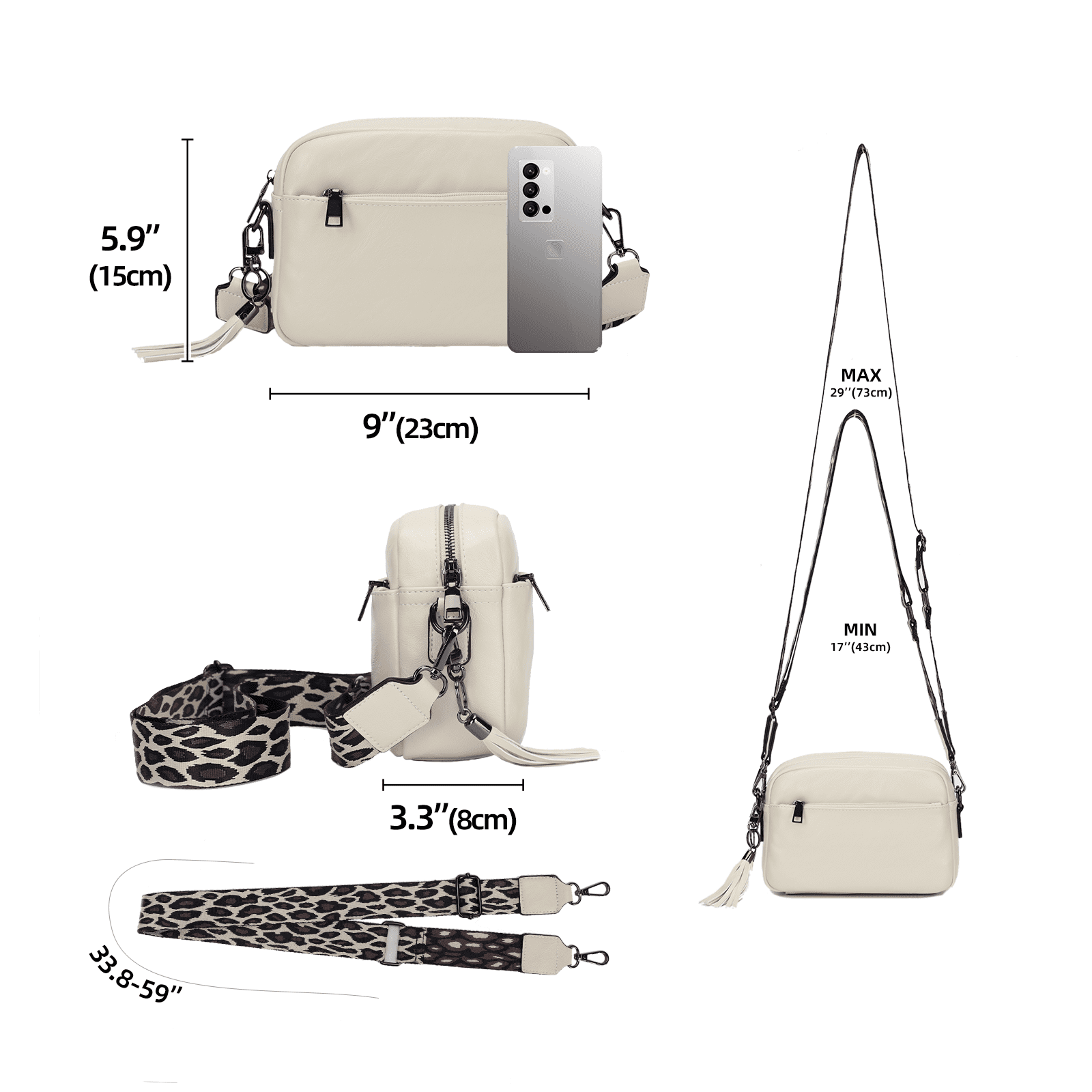 KL928 Leather Crossbody Bag for Women Ladies Wide Strap Shoulder Bag Small Purses and Handbags(Beige)