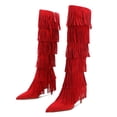 thumbnail image 2 of YDN Women Layer Tassel Pointed Toe Moccasin Boots Knee High Stiletto Mid Heels Western Themed Party Dress Shoes Size 9.5 Red, 2 of 5