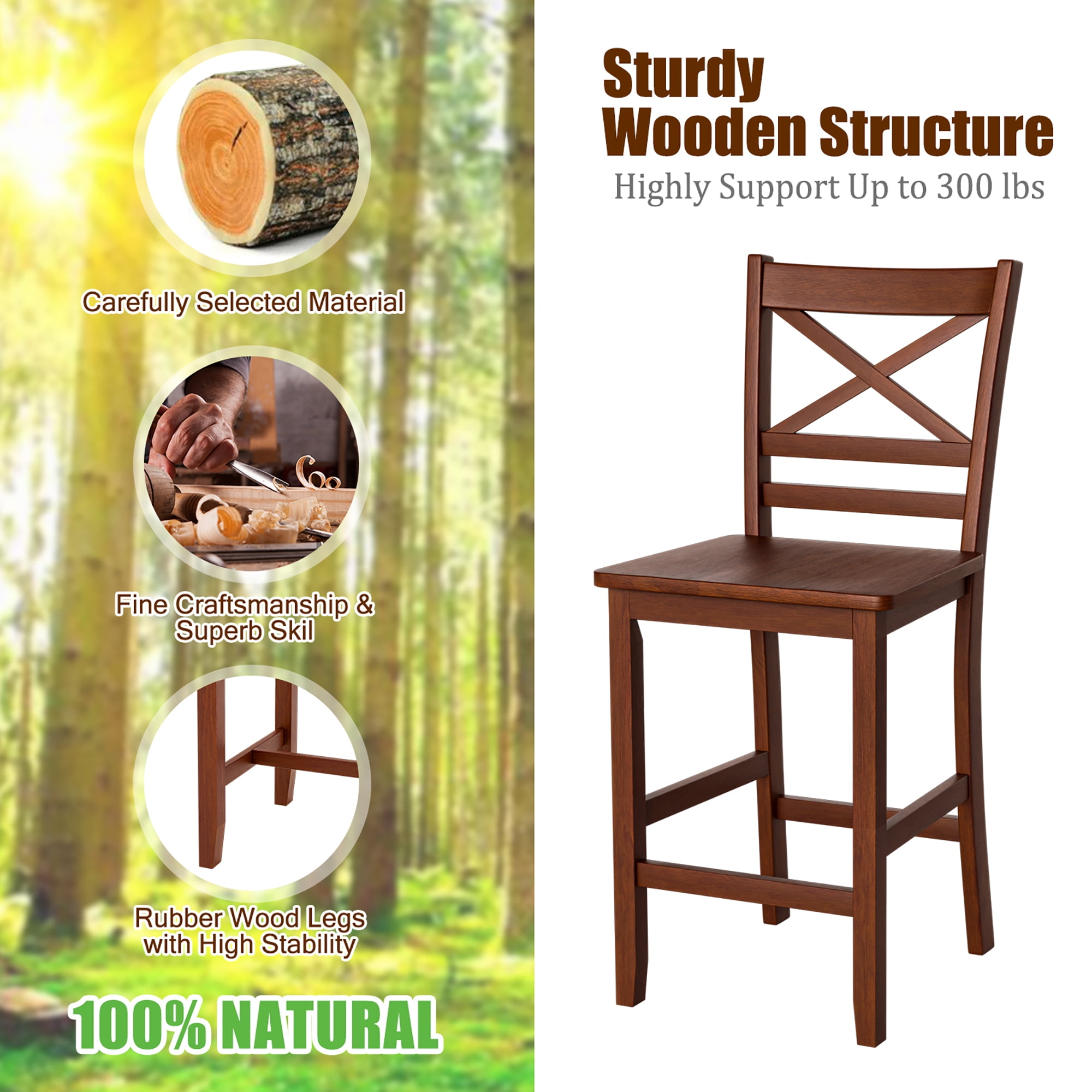 Costway Set of 2 Bar Stools 24'' Counter Height Chairs w/ Rubber Wood Legs Walnut