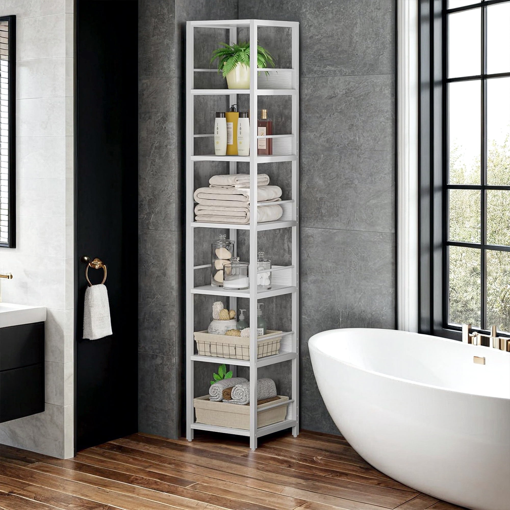 Demi Bonn 6-Tier Corner Shelf, 74" Narrow Etagere Bookshelf Storage Rack for Bedroom, Living Room, White