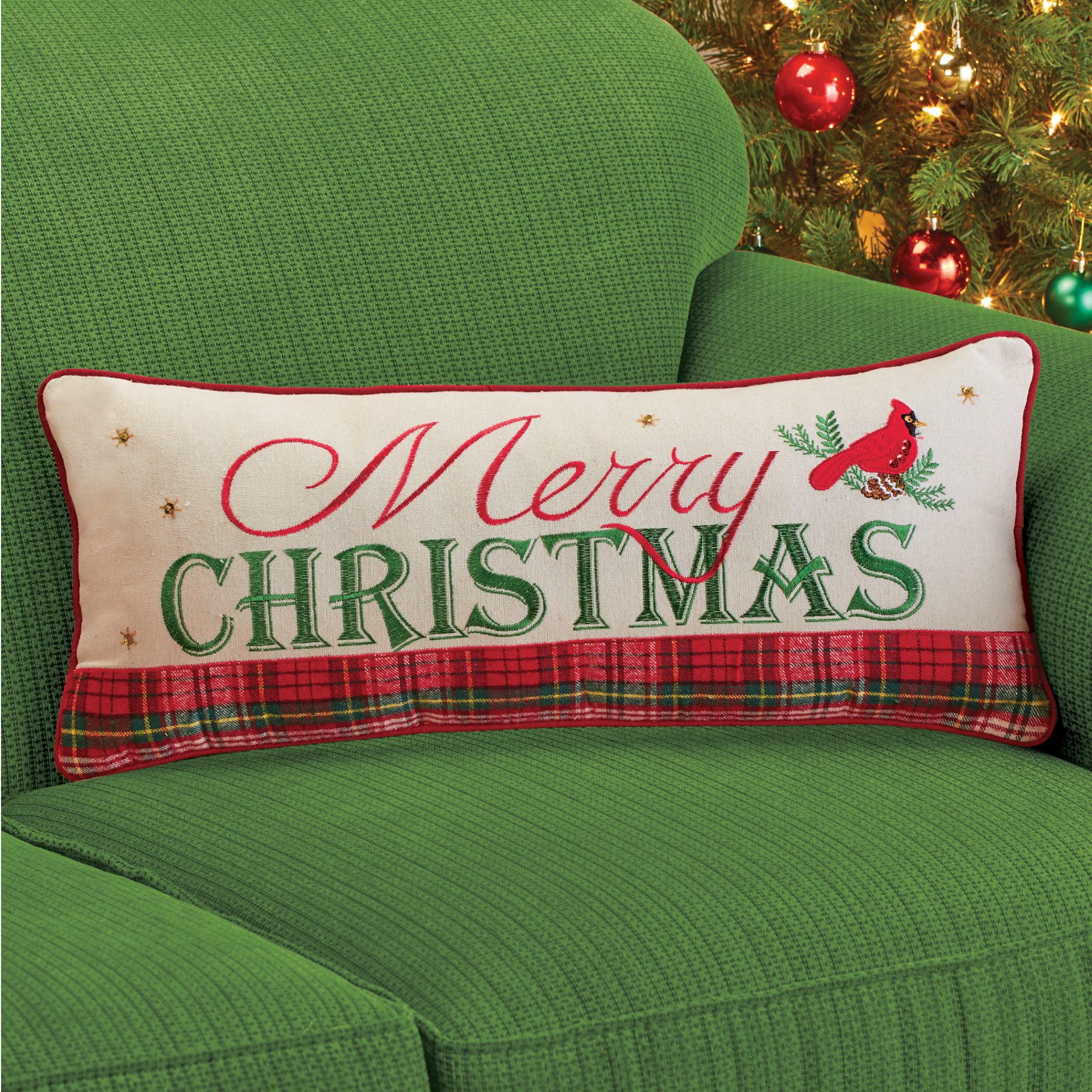 Merry Christmas Plaid Pillow with Red Piping and Cardinal Accent - Holiday Home Decor - Walmart