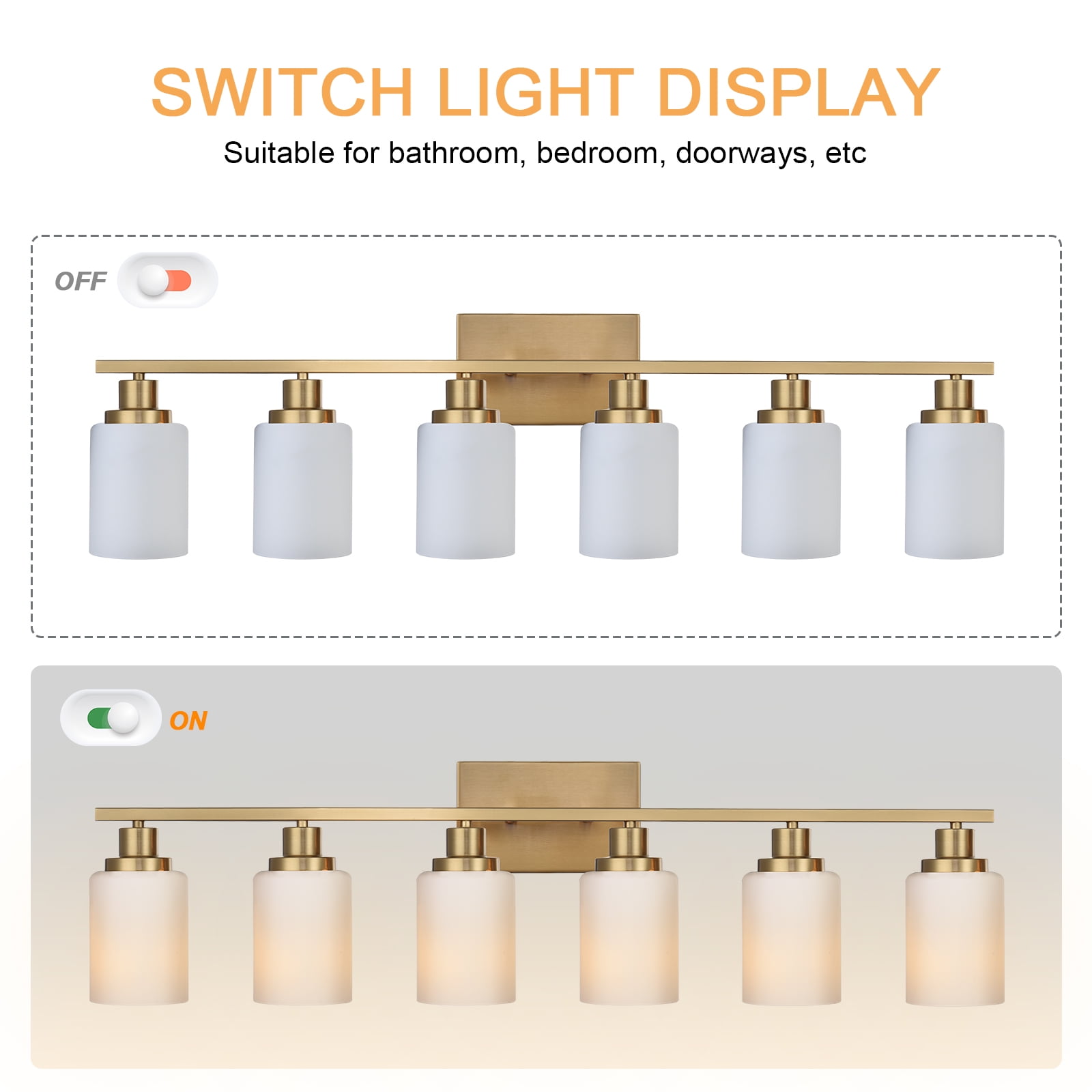 Melucee Modern Bathroom Light Fixtures, 6 Light Vanity Lights, Brass Wall Lamp with White Glass for Bathroom