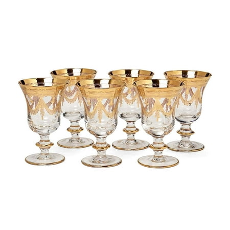 Interglass Italian Crystal Wine Glasses, Vintage Design 24kt Gold Hand Decorated Luxury Goblets, SET OF 6