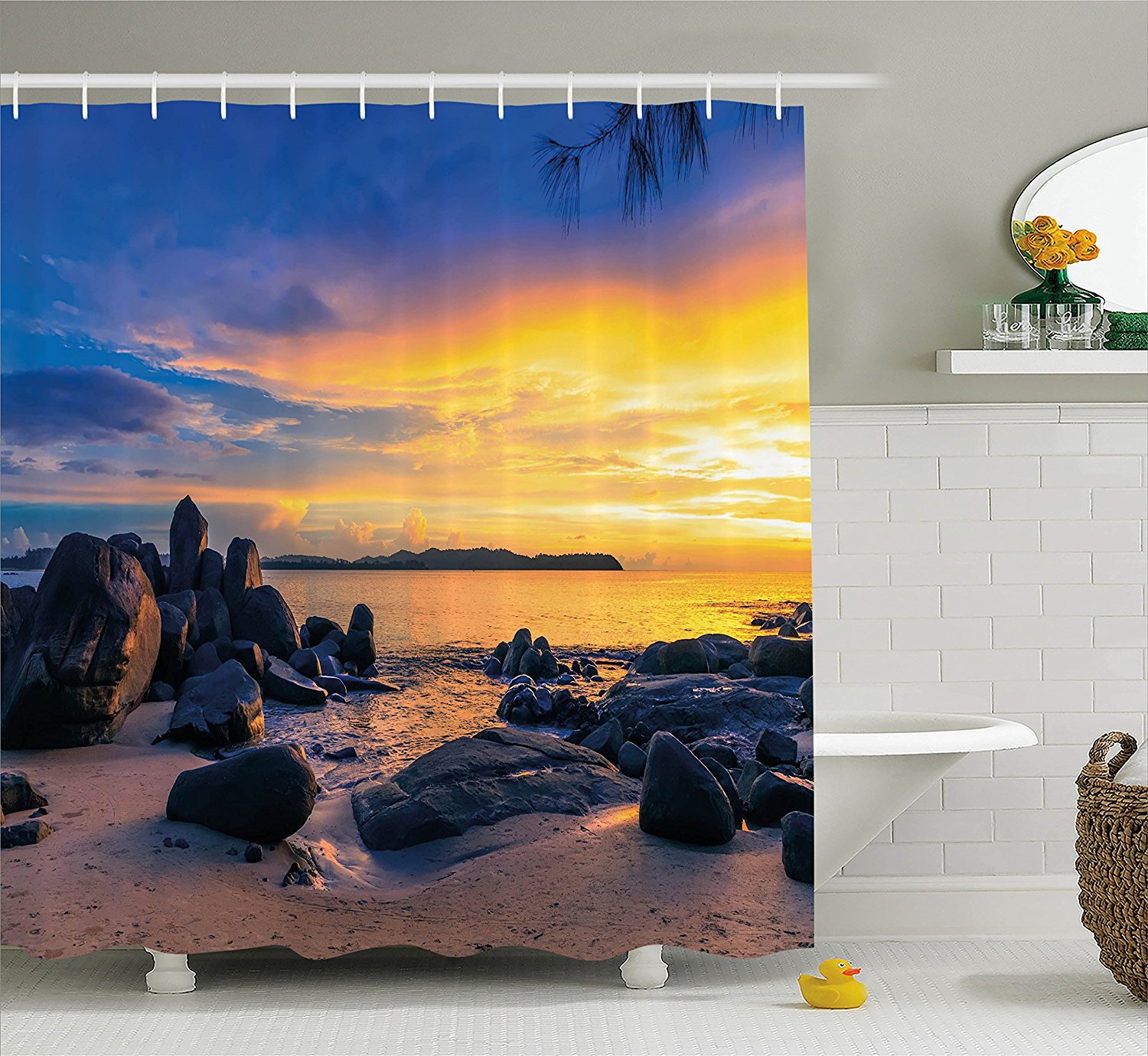 Sunset Shower Curtain by , Horizon Sky at the Beach with Rocks Surreal