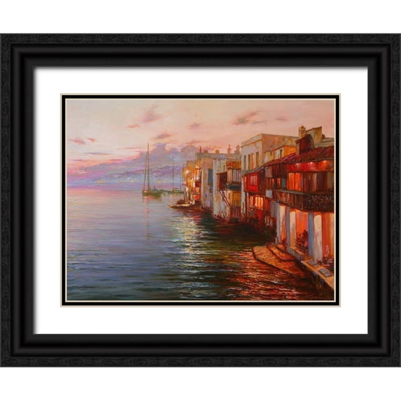 Obuchovsky, Yury 14x12 Black Ornate Wood Framed with Double Matting Museum Art Print Titled - Mikonos. Night Lights