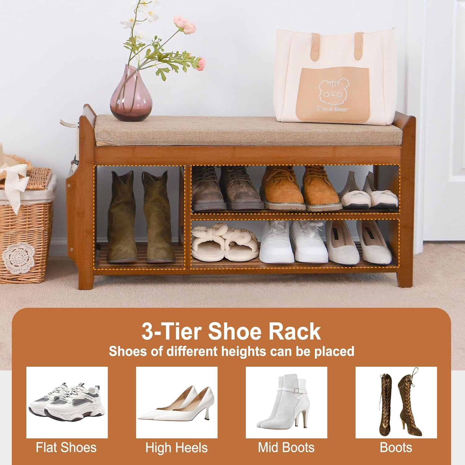 Shoe Bench with Hidden Drawer and Side Holder, 2 Tier Entryway Bench with Storage 39.4 in, Bamboo Shoe Rack with Cushion for Entryway Hallway Living Room Bedroom