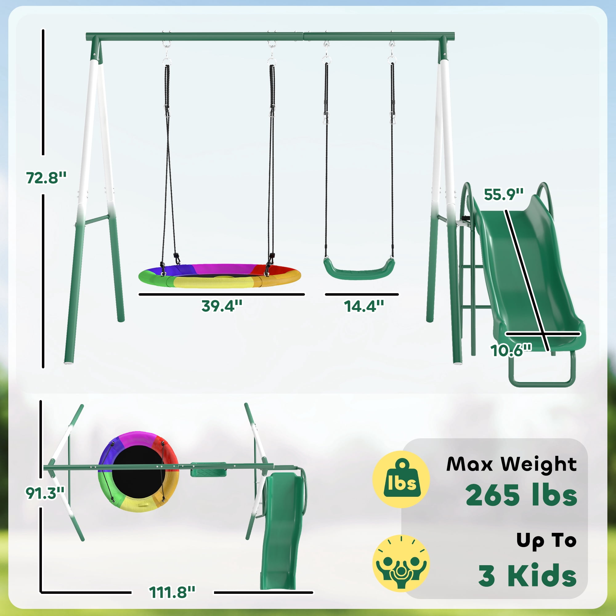 Kids Swing Set with Saucer Swing Seat Slide 265 lbs Capacity A-Frame Steel for Backyard Ages 3-8
