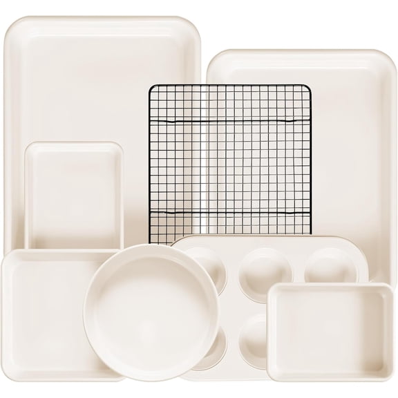 8-Piece Non-stick Baking Pans Set – Stackable Bakeware Set for Kitchen, Carbon Steel Baking Set with Cookie Sheet, Roasting Pan, Cake Pan, Muffin Pan, Cooling Rack, Baking Essentials Supplies
