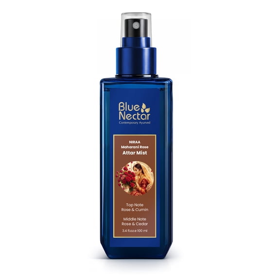Blue Nectar Maharani Rose Attar Mist with Cumin & Sandalwood | Long-Lasting Perfume Mist for Women | Floral Essence | Travel-Friendly Body Mist Spray (3.38 Fl Oz)