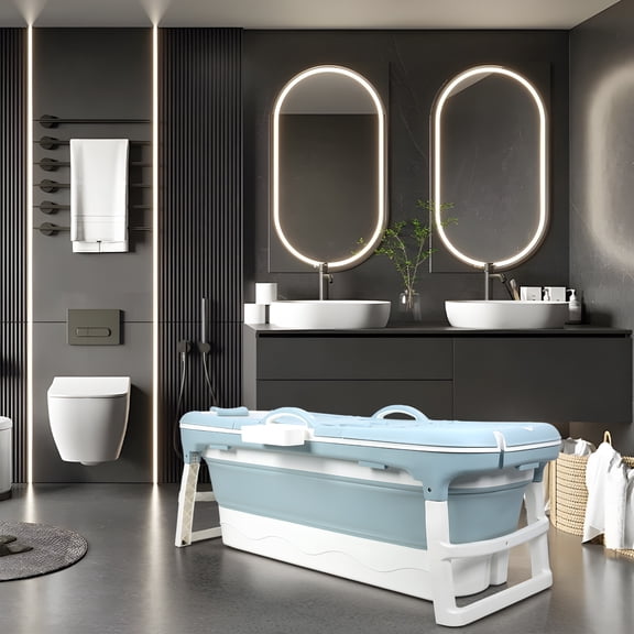 Foldable Bathtub for Adults, Portable Large Collapsible Soaking Tub with Storage Basket & Cover, 46 Inch Freestanding Bathtub for Hot Bath Ice Bath Spa