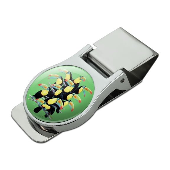 Colorful Toucan Town Rainforest Birds Satin Chrome Plated Metal Money Clip
