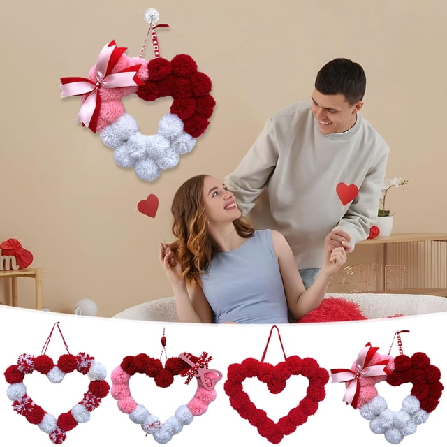Bague Cœur Pompon de la Saint-Valentin 1Pcs Guirlande Cœur Pompon avec 20 Boules Rouges et Cœurs en Acrylique pour Décoration de Chambre Romantique et Fête JASKFLY