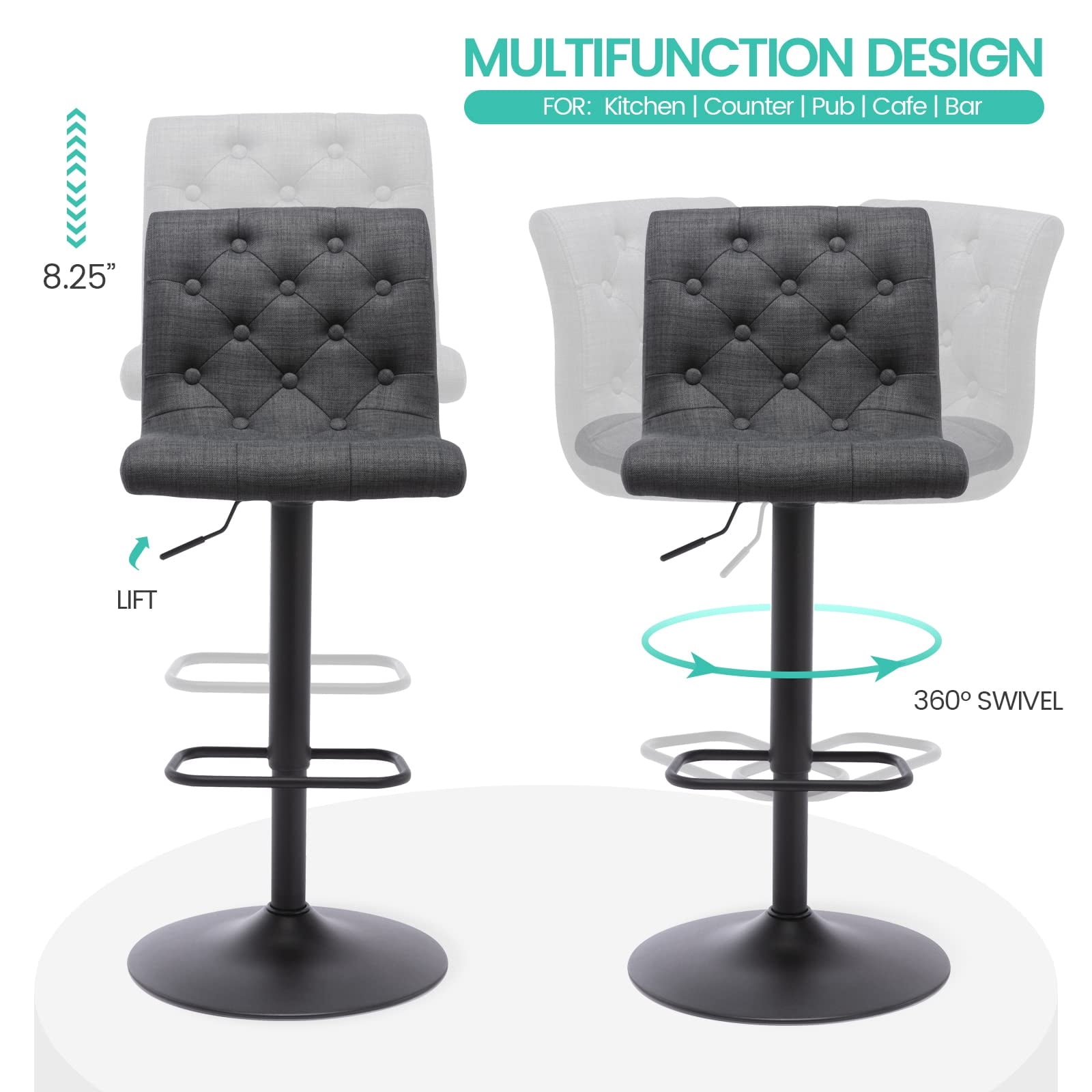 Modern Upholstered Bar Stool with Back Set of 2, Armless 360° Swivel Adjustable Height Linen Padded Bar Chair for Kitchen Island, Dining Room, or Café (Dark Gray)