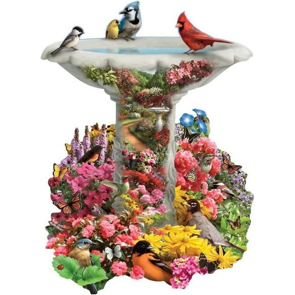 Bits and Pieces - 750 Piece Shaped Puzzle - Garden Birdbath, Busy Bird Fountain - by Artist Alan Giana - 750 pc Jigsaw