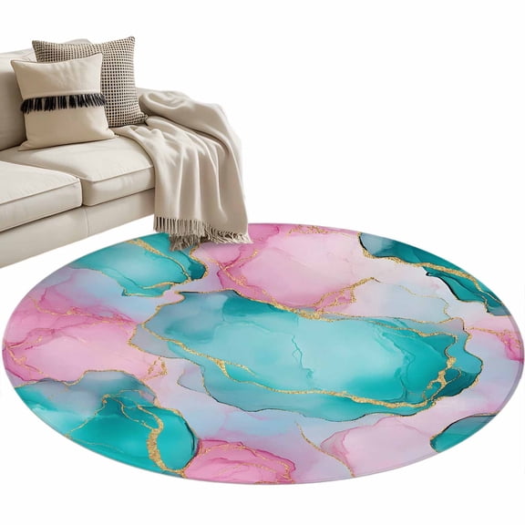 Teal Pink Large Area Rugs for Bedroom Living Room, Soft Non Slip Carpet Bedside Rug, Modern Abstract Ink Painting Art Marble Round Floor Cover Kitchen Accent Rug 3.3' for Dining Room/Office