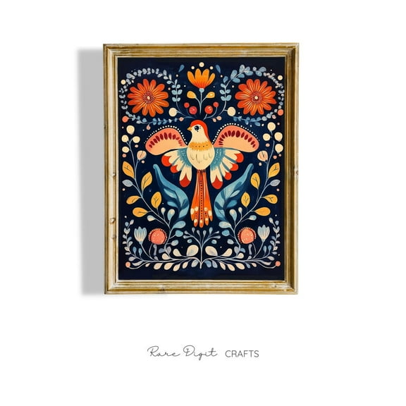 Scandinavian Bird Poster, Nordic Floral Folk Art Home Decor UNFRAMED Poster, Wall Art for Decor, Present, 8x12