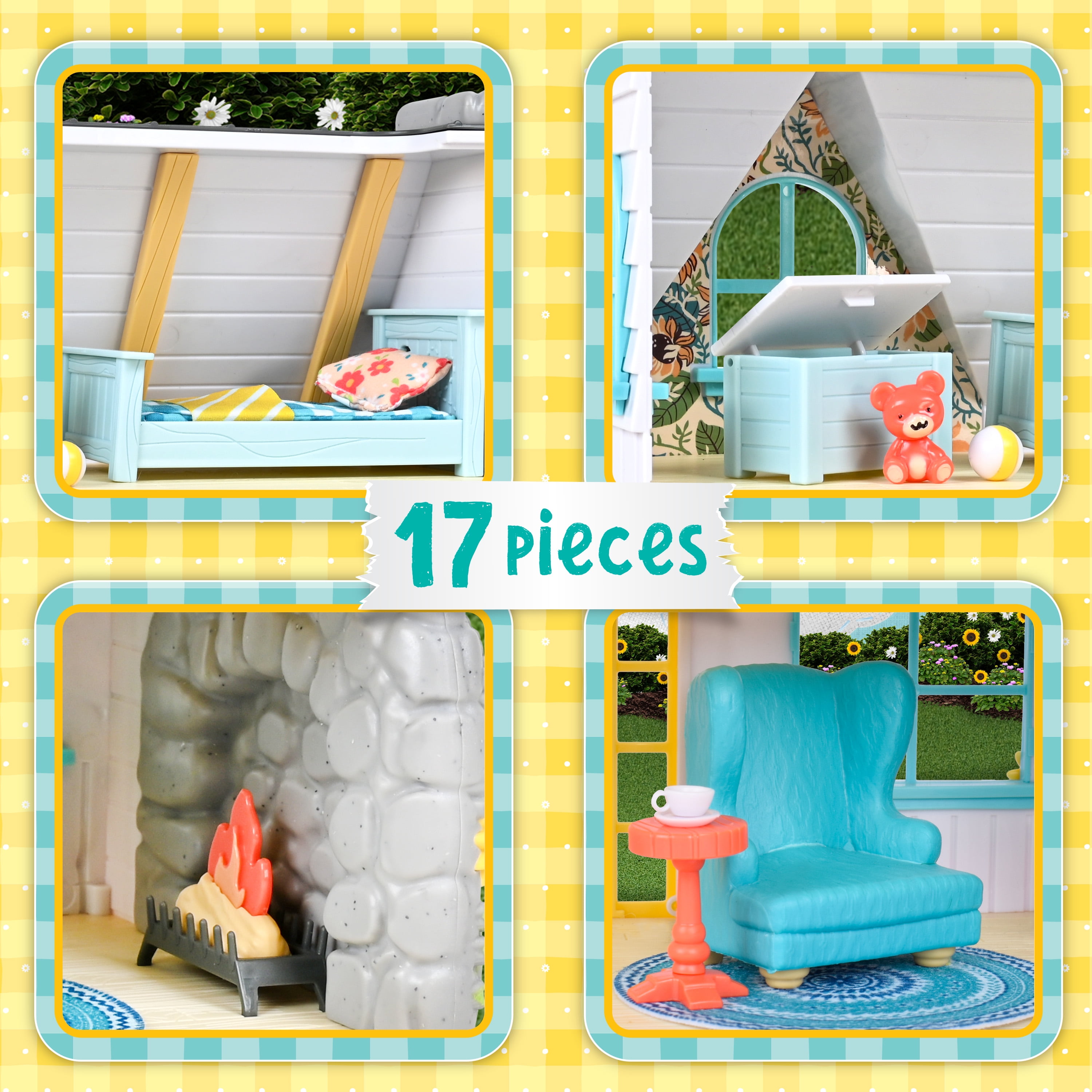 Honey Bee Acres Sunflower Country Cottage – 17 Piece Dollhouse with Miniature Furniture & Exclusive Cat Figure – Doll Playset for Kids Ages 3+