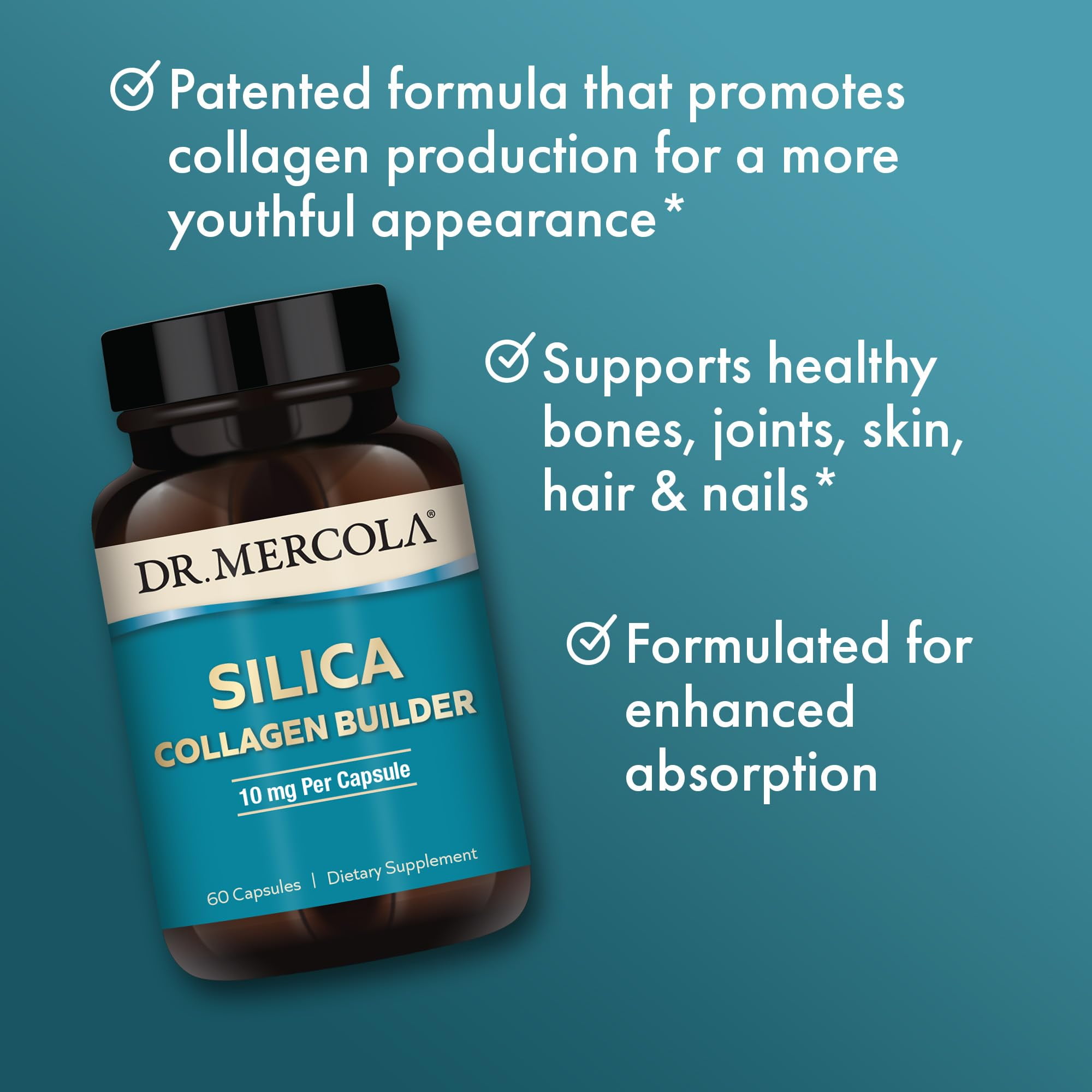 Dr. Mercola Silica Collagen Builder, 90 Servings (180 Capsules), Dietary Supplement, Skin Support and Bone and Joint Comfort, Non-GMO
