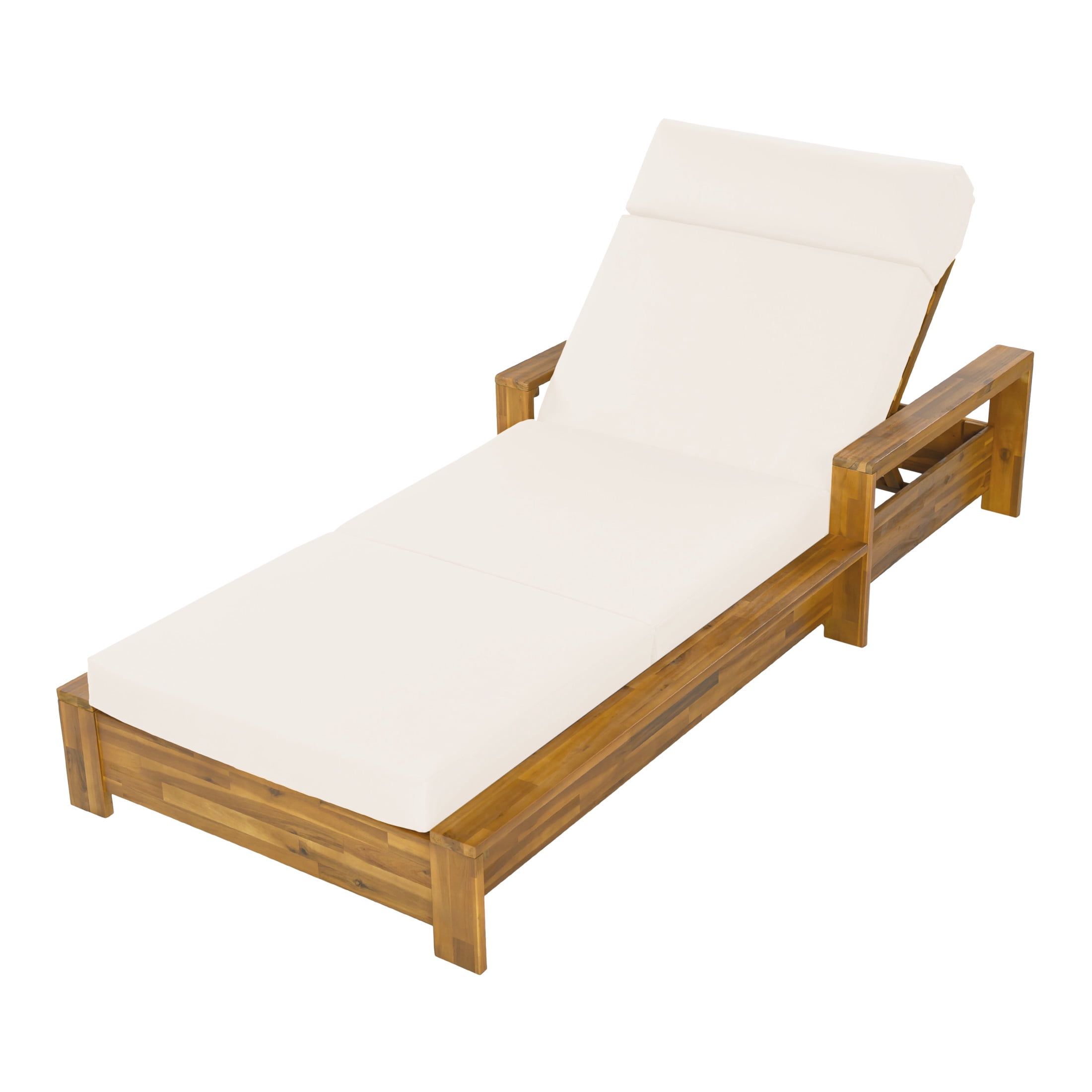 Christopher Knight Home Acacia Wood Outdoor Chaise Lounge Set with Armrests, 4-Fold Cushion, Teak + Cream