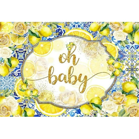 Image of Bridal Shower Backdrop Lemon Themed She Found Her Main Squeeze Engagemt Party Blue Tile Floral Wedding Photo Props