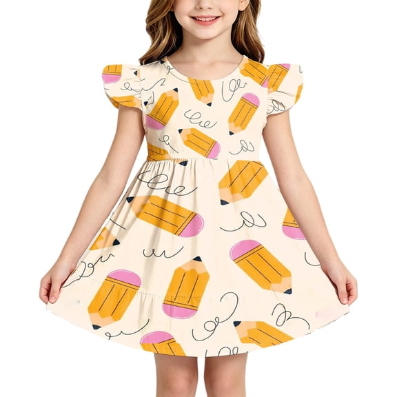 Dresses for Girls Back To School Loose Flutter Sleeve Ruched Crew Neck Cartoon Print Dress School Uniform for Girls Size 3-4 Years