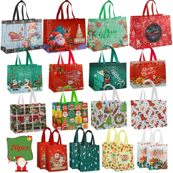 20 Pack Christmas Gift Bags,Reusable Tote Bags with Handle for Xmas Gifts Wrapping, Presents, Shopping, Party