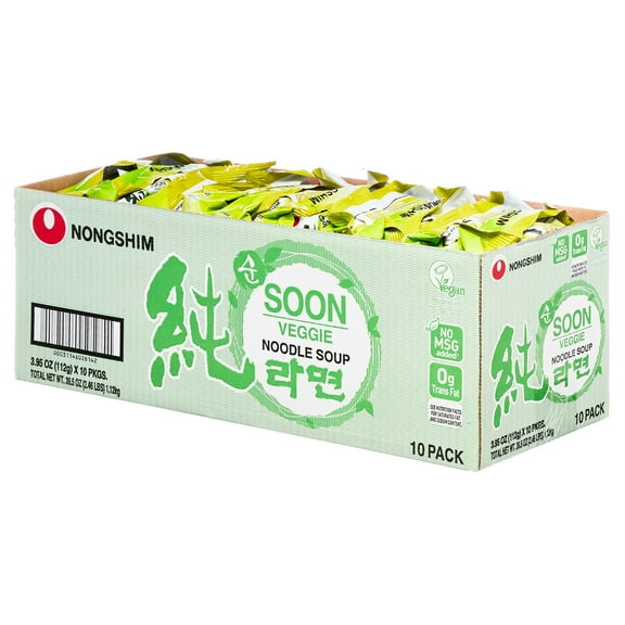 Nongshim Soon Veggie Vegan Ramen Noodle Soup, 3.95oz, 10 Count Pack