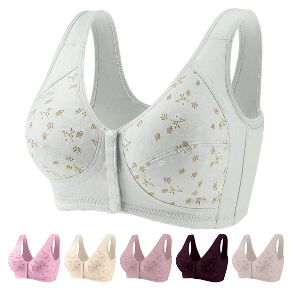 Gymayou Senior Ladies Easy Front Closure Wireless Vest Bra Wide Shoulder Strap Anti Sagging Support Lingerie for Middle Aged Mom Daily Lounging Sleep Underwear Beige 36