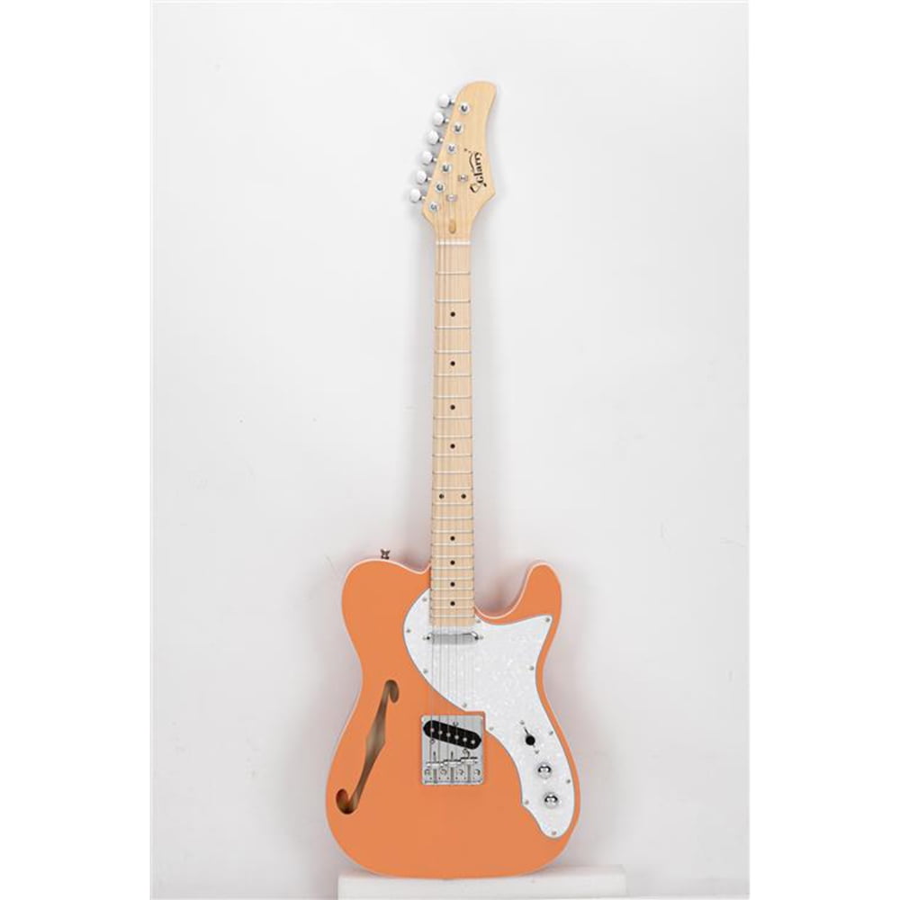 Kepooman GTL Semi-Hollow Electric Guitar, Full-Size Guitar Kit with F Hole SS Pickups, Maple Fingerboard, White Pearl Pickguard for Child & Boys & Girls, Orange Red-E