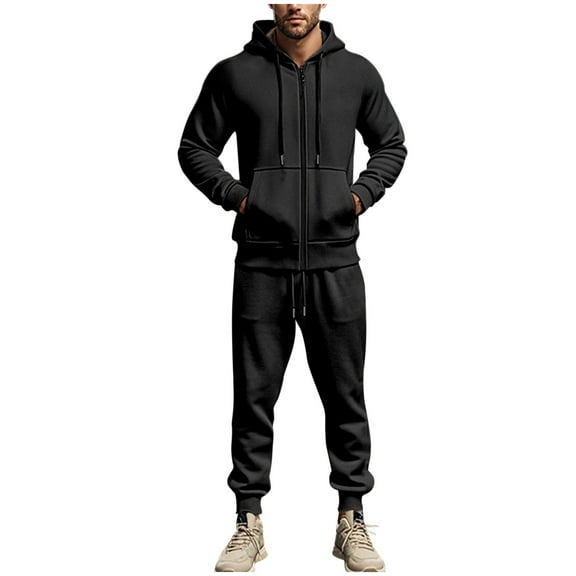 APEXFWDT Men’s Tracksuit Lounge Sets – Zipper Hooded Sweatshirt Jackets  Drawstring Cuffed Jogger Sporty Casual Sweatsuits,XL,Black