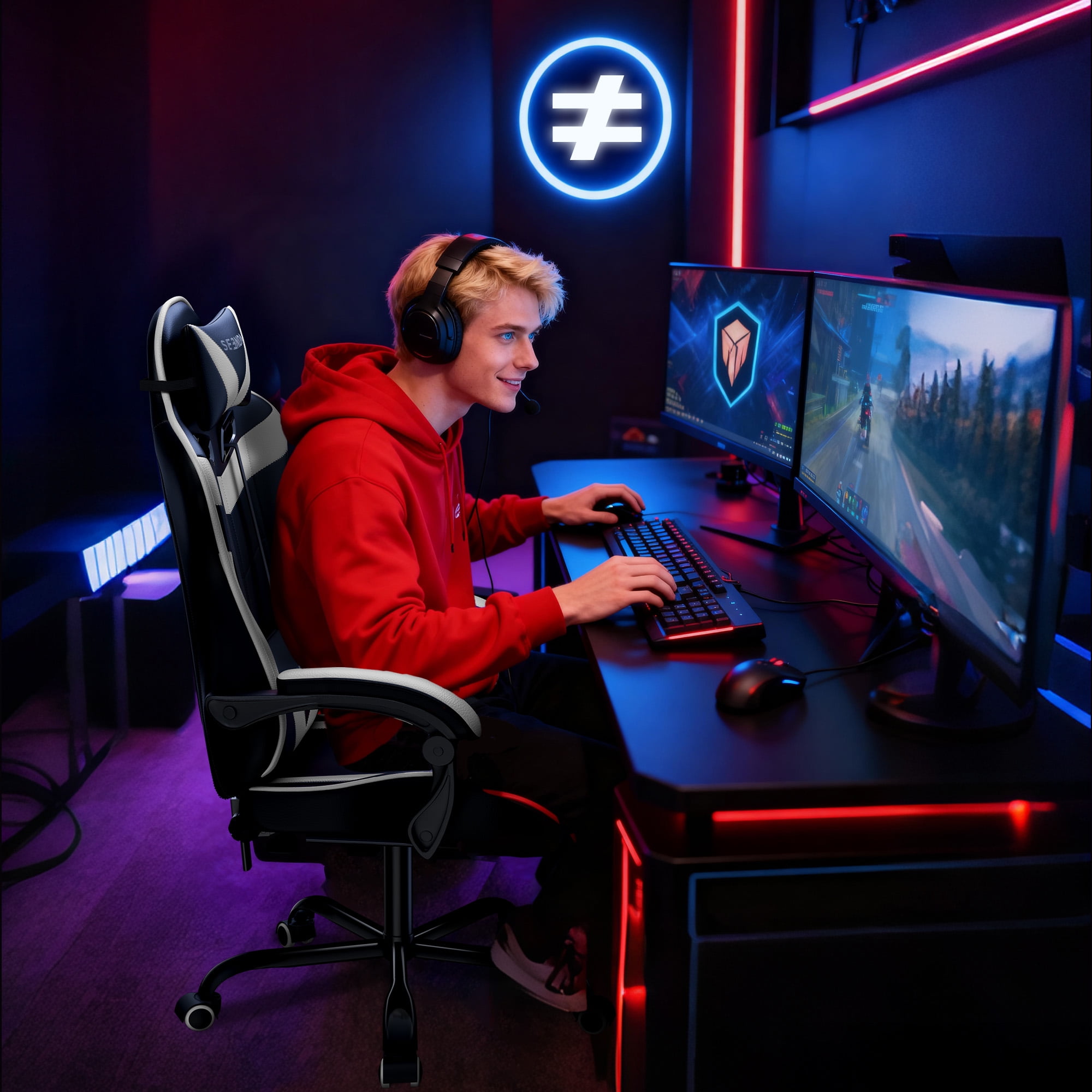 Gaming Chair, Seenda Video Game Chair with Footrest and Lumbar Support, Ergonomic Computer Chair Height Adjustable with Swivel Seat and Headrest, White