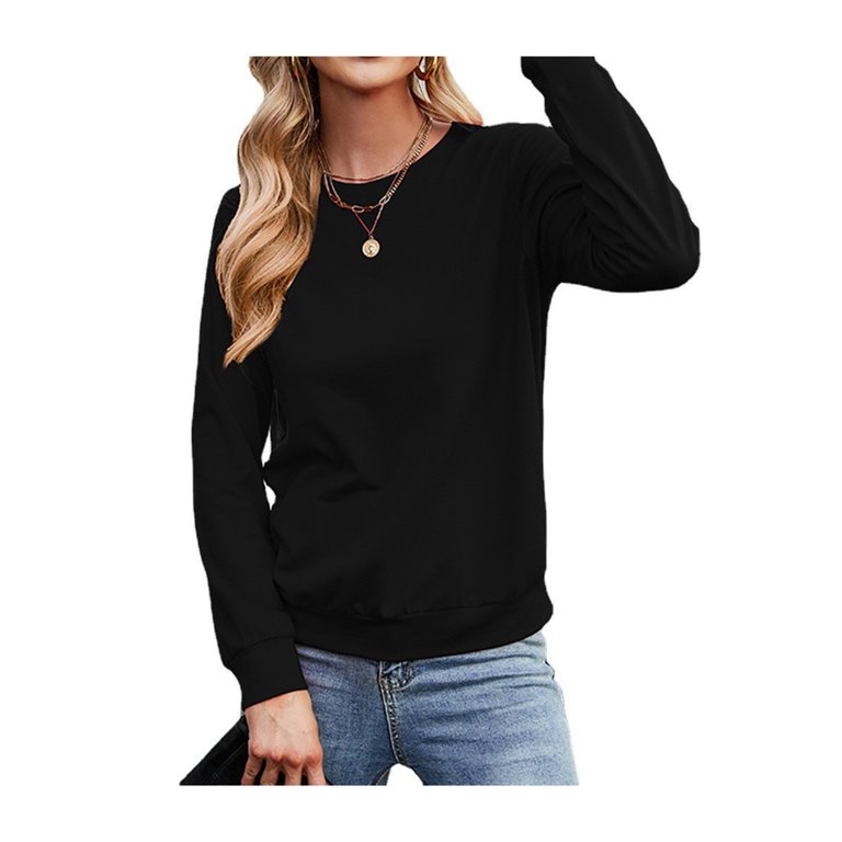 HANWOMEN Womens Plain Crew Neck T-shirt Pullover Sweatshirt Ladies Casual  Loose Long Sleeve Jumper Tops Black M - Walmart.com