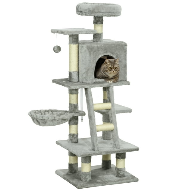PawHut Arbre à Chat pour Chats d'Intérieur avec Condo pour Chat, Hamac, Lit, Gris Pâle