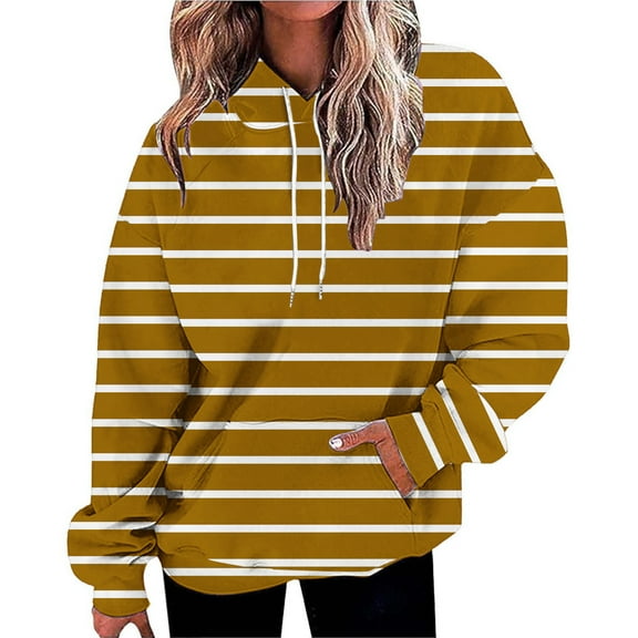 Charmgo Graphic Hoodies Under $15, Women s Oversized Hoodies Striped Sweatshirts Plus Size Long Sleeve Hoodie Sweater with Pocket Winter Clothes for Women, Hoodies for Women Coffee L