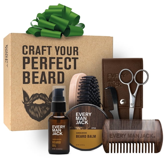 Kit de cuidado de barba Every Man Jack para hombres: incluye aceite y bálsamo de sándalo, cepillo, peine de madera de doble cara, tijeras para recortar y peine para bigote.