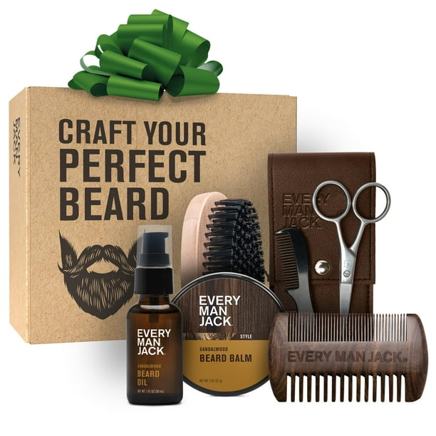 Kit de cuidado de barba Every Man Jack para hombres: incluye aceite y bálsamo de sándalo, cepillo, peine de madera de doble cara, tijeras para recortar y peine para bigote.