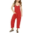 thumbnail image 2 of Spaghetti Strap V-neck Girls Solid Color Casual Loose Straight Kids Children Jumpsuit with Pocket for 5-14 Years, 2 of 5