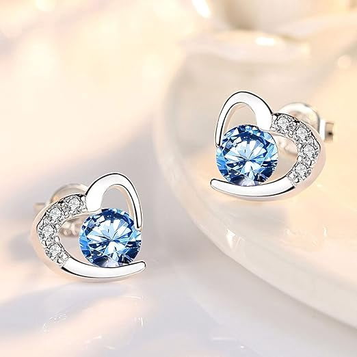 Divine Creation 1.25 Ct Round Cut Blue Diamond Heart Shape Push Back Stud Earrings 14K White Gold Plated For Womens 925 Sterling Silver
