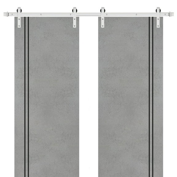Sturdy Double Barn Door 36 x 80 inches with | Planum 0016 Concrete with Frosted Glass | Stainless Steel 13FT Rail Hangers Heavy Set | Solid Panel Interior Doors