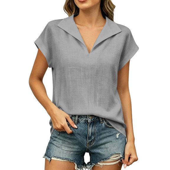 cocolona Linen Tops for Women Summer Lapel Short Sleeve Loose Blouse Dressy Casual Solid Color Blouses