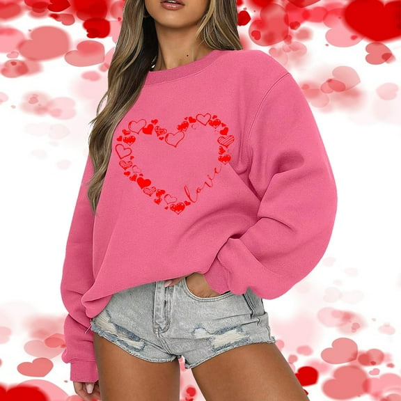 Elvqul Loose Fit Sweatshirts Women Under $10 Valentine's Day Crew Neck Shirts Long Sleeve Hot Pink Clothing Girls Sweatshirts