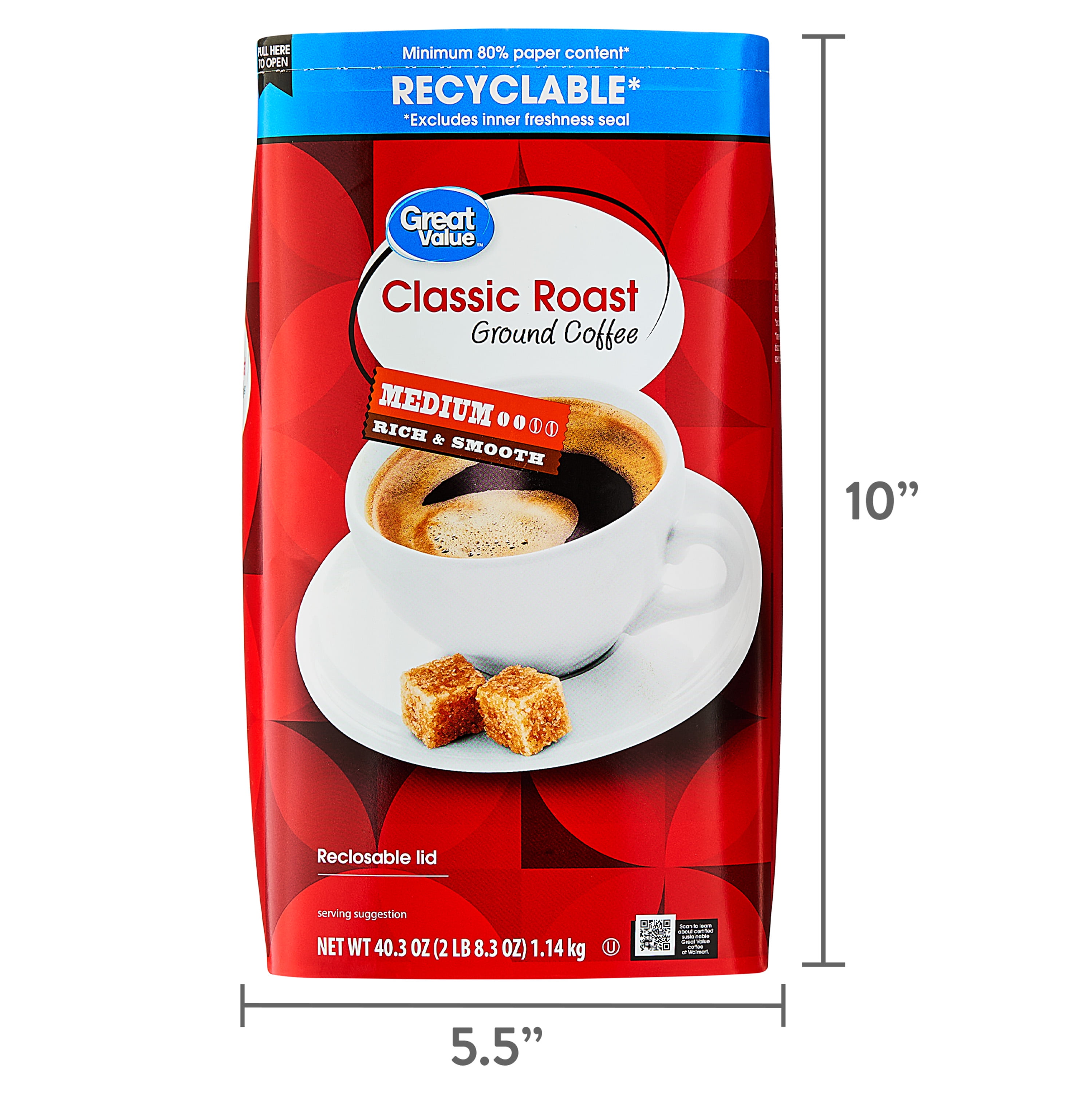 (6 pack) Great Value Classic Roast Medium Ground Coffee, 40.3 oz