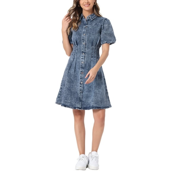 INSPIRE CHIC Women's Dress Denim Puff Short Sleeve Collared Button Up A-Line Casual Jean Dresses XS Gray Blue